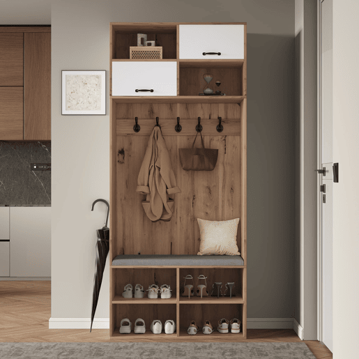 Móvel de entrada 80x185x35 cm - Com assento, 5 ganchos, 2 portas e 6 compartimentos - Natural+Branco