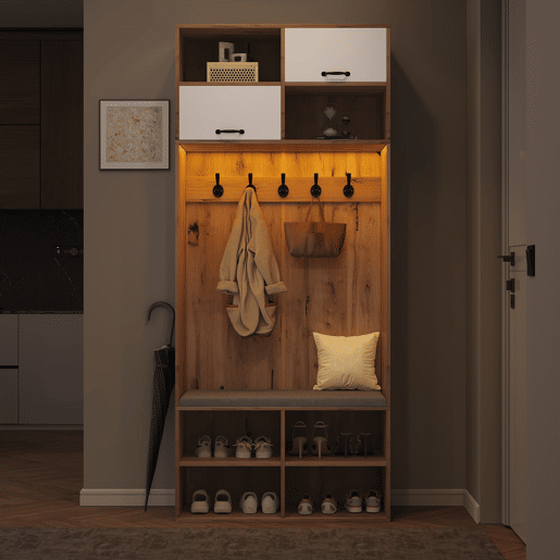 Móvel de entrada 80x185x35 cm - Com assento, 5 ganchos, 2 portas e 6 compartimentos - Natural+Branco