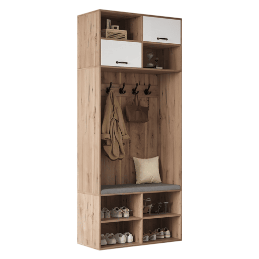 Móvel de entrada 80x185x35 cm - Com assento, 5 ganchos, 2 portas e 6 compartimentos - Natural+Branco