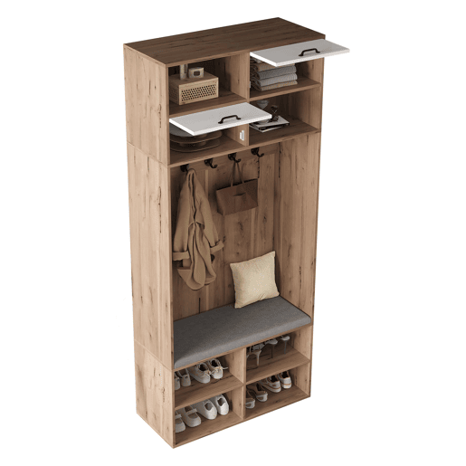 Móvel de entrada 80x185x35 cm - Com assento, 5 ganchos, 2 portas e 6 compartimentos - Natural+Branco