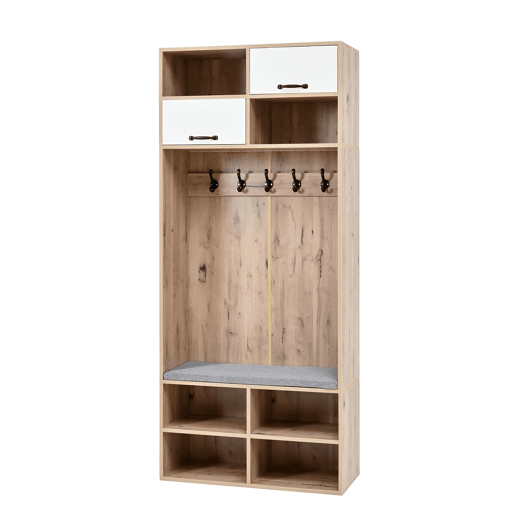 Móvel de entrada 80x185x35 cm - Com assento, 5 ganchos, 2 portas e 6 compartimentos - Natural+Branco