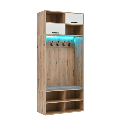 Móvel de entrada 80x185x35 cm - Com assento, 5 ganchos, 2 portas e 6 compartimentos - Natural+Branco