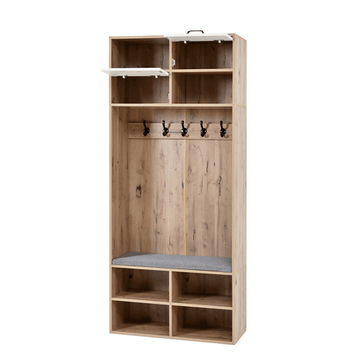 Móvel de entrada 80x185x35 cm - Com assento, 5 ganchos, 2 portas e 6 compartimentos - Natural+Branco