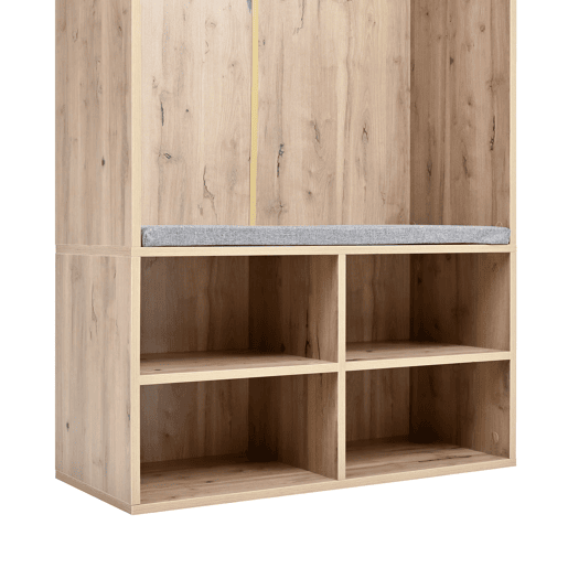 Móvel de entrada 80x185x35 cm - Com assento, 5 ganchos, 2 portas e 6 compartimentos - Natural+Branco