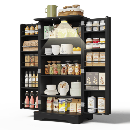 Aparador 120x60x40 cm - Armário com luz LED, prateleiras ajustáveis, 2 portas - Preto