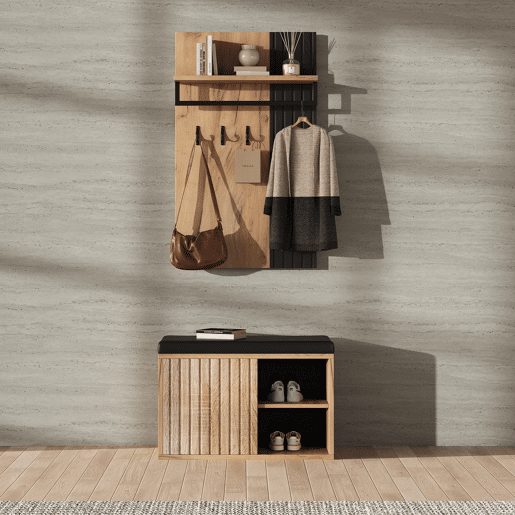 Móvel de entrada 70x36x146 cm - 2 portas, com 3 ganchos - Preto e natural