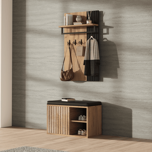 Móvel de entrada 70x36x146 cm - 2 portas, com 3 ganchos - Preto e natural