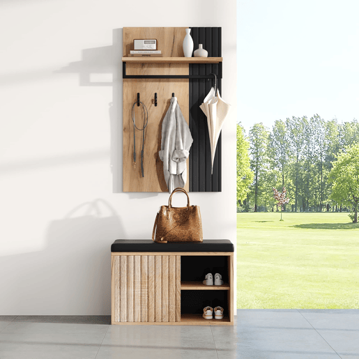 Móvel de entrada 70x36x146 cm - 2 portas, com 3 ganchos - Preto e natural