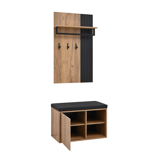 Móvel de entrada 70x36x146 cm - 2 portas, com 3 ganchos - Preto e natural