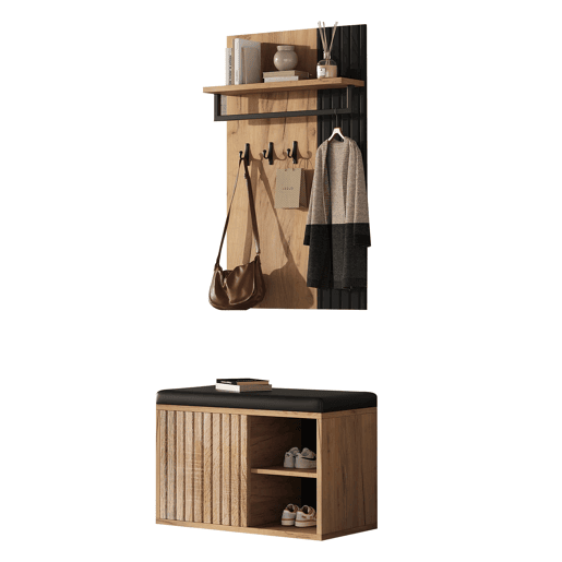 Móvel de entrada 70x36x146 cm - 2 portas, com 3 ganchos - Preto e natural