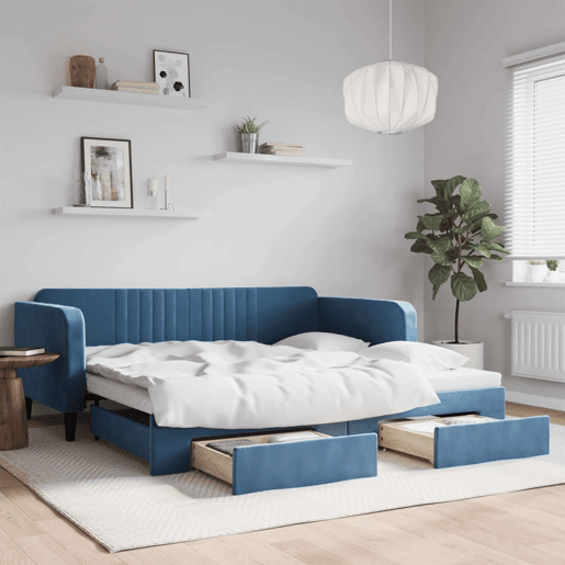 Sofá-cama, Sofá conversível com gavetão e gavetas 100x200 cm veludo azul