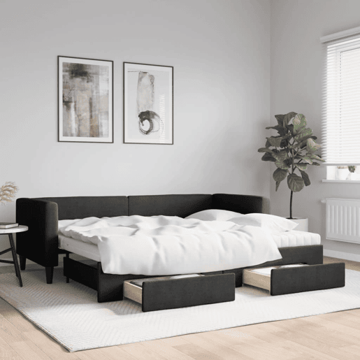 Sofá-cama, Sofá conversível com gavetão e gavetas 80x200 cm tecido preto