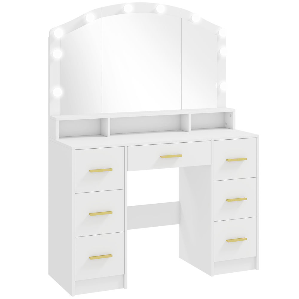 Homcom tocador con 10 luces led de 3 colores, tocador de maquillaje con espejo, mesa de maquillaje con 7 cajones, 3 compartimentos, moderno, para dormitorio, salón, blanco