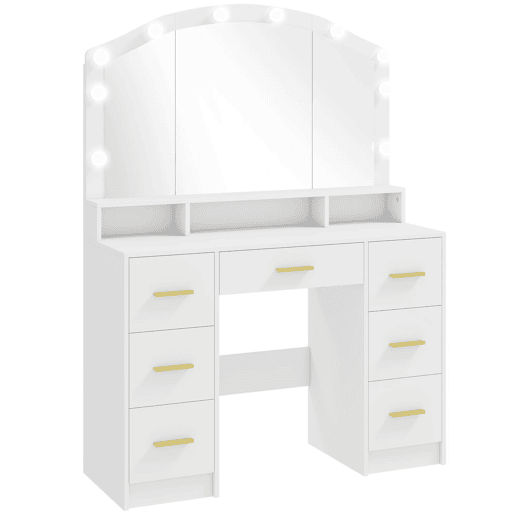 HOMCOM Toucador com 10 Luzes LED de 3 Cores Toucador de Maquilhagem com Espelho Mesa de Maquilhagem com 7 Gavetas 3 Compartimentos Moderno para Quarto Sala Branco HOMCOM Toucador com 10 Luzes LED de 3 Cores Toucador de Maquilhagem com Espelho Mesa de Maquilhagem com 7 Gavetas 3 Compartimentos Moderno para Quarto Sala Branco