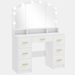 HOMCOM Toucador com 10 Luzes LED de 3 Cores Toucador de Maquilhagem com Espelho Mesa de Maquilhagem com 7 Gavetas 3 Compartimentos Moderno para Quarto Sala Branco