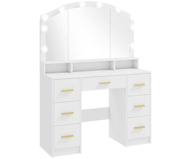 Homcom tocador con 10 luces led de 3 colores, tocador de maquillaje con espejo, mesa de maquillaje con 7 cajones, 3 compartimentos, moderno, para dormitorio, salón, blanco