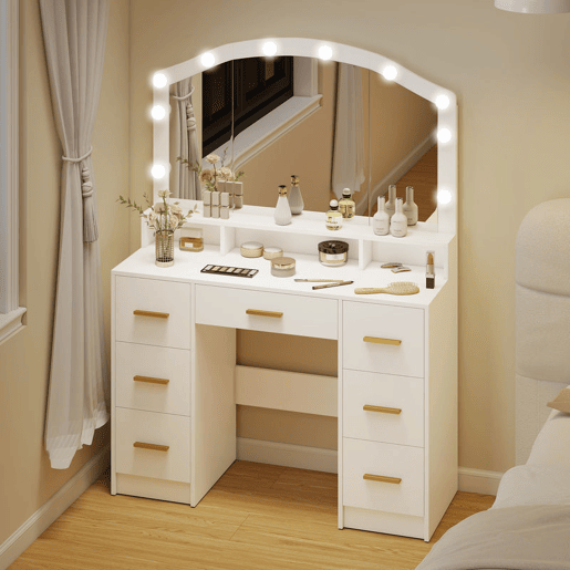HOMCOM Toucador com 10 Luzes LED de 3 Cores Toucador de Maquilhagem com Espelho Mesa de Maquilhagem com 7 Gavetas 3 Compartimentos Moderno para Quarto Sala Branco HOMCOM Toucador com 10 Luzes LED de 3 Cores Toucador de Maquilhagem com Espelho Mesa de Maquilhagem com 7 Gavetas 3 Compartimentos Moderno para Quarto Sala Branco