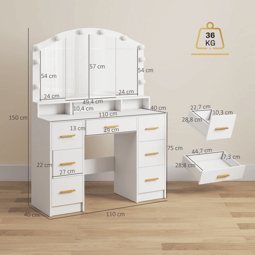HOMCOM Toucador com 10 Luzes LED de 3 Cores Toucador de Maquilhagem com Espelho Mesa de Maquilhagem com 7 Gavetas 3 Compartimentos Moderno para Quarto Sala Branco HOMCOM Toucador com 10 Luzes LED de 3 Cores Toucador de Maquilhagem com Espelho Mesa de Maquilhagem com 7 Gavetas 3 Compartimentos Moderno para Quarto Sala Branco