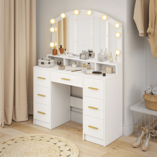 HOMCOM Toucador com 10 Luzes LED de 3 Cores Toucador de Maquilhagem com Espelho Mesa de Maquilhagem com 7 Gavetas 3 Compartimentos Moderno para Quarto Sala Branco HOMCOM Toucador com 10 Luzes LED de 3 Cores Toucador de Maquilhagem com Espelho Mesa de Maquilhagem com 7 Gavetas 3 Compartimentos Moderno para Quarto Sala Branco