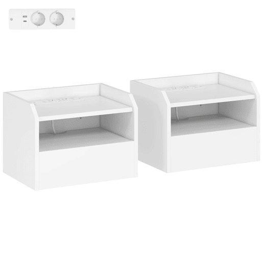 HOMCOM Conjunto de 2 Mesas de Cabeceira Flutuantes com Estação de Carregamento Mesas de Cabeceira para Quarto Gaveta Prateleira Aberta Montagem na Parede Estilo Moderno Sala de Estar 40x29x29 cm Branco