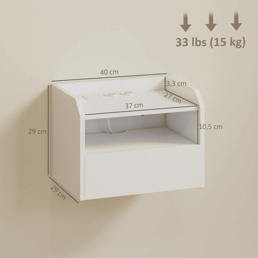HOMCOM Conjunto de 2 Mesas de Cabeceira Flutuantes com Estação de Carregamento Mesas de Cabeceira para Quarto Gaveta Prateleira Aberta Montagem na Parede Estilo Moderno Sala de Estar 40x29x29 cm Branco