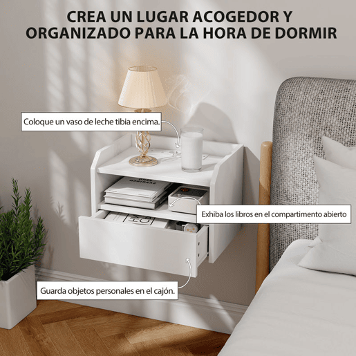HOMCOM Conjunto de 2 Mesas de Cabeceira Flutuantes com Estação de Carregamento Mesas de Cabeceira para Quarto Gaveta Prateleira Aberta Montagem na Parede Estilo Moderno Sala de Estar 40x29x29 cm Branco