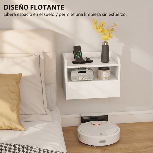 HOMCOM Conjunto de 2 Mesas de Cabeceira Flutuantes com Estação de Carregamento Mesas de Cabeceira para Quarto Gaveta Prateleira Aberta Montagem na Parede Estilo Moderno Sala de Estar 40x29x29 cm Branco