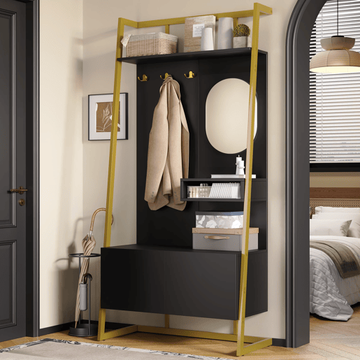 Móvel de entrada 78x38,5x180,5 cm - Guarda-roupa com espelho, cabides metálicos, banco e sapateira - Preto