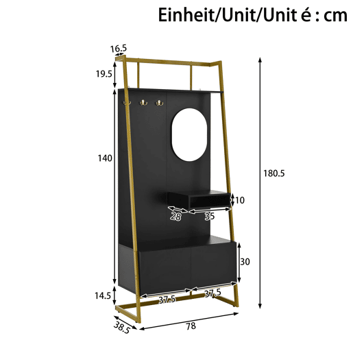 Móvel de entrada 78x38,5x180,5 cm - Guarda-roupa com espelho, cabides metálicos, banco e sapateira - Preto