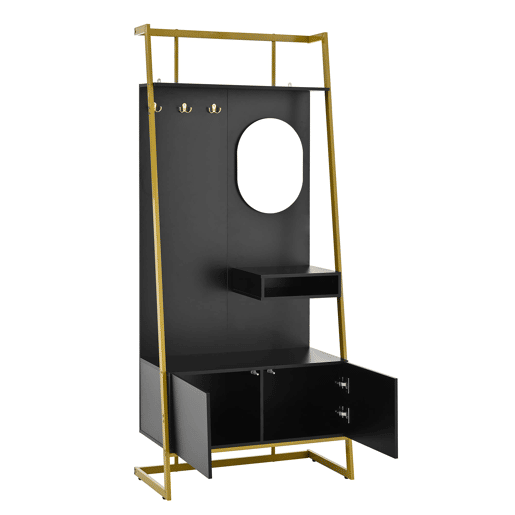 Móvel de entrada 78x38,5x180,5 cm - Guarda-roupa com espelho, cabides metálicos, banco e sapateira - Preto