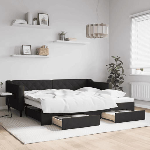 Sofá-cama, Sofá conversível com gavetão e gavetas 90x200 cm tecido preto Sofá-cama, Sofá conversível com gavetão e gavetas 90x200 cm tecido preto