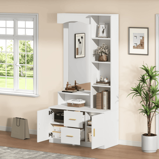 Móvel de entrada 90x40x180 cm - Multifuncional com arrumação, 2 gavetas, 2 armários, espelho - Branco