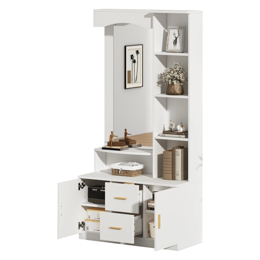 Móvel de entrada 90x40x180 cm - Multifuncional com arrumação, 2 gavetas, 2 armários, espelho - Branco