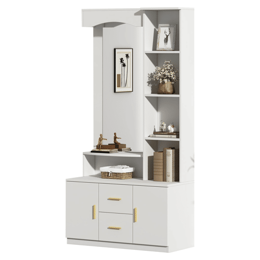 Móvel de entrada 90x40x180 cm - Multifuncional com arrumação, 2 gavetas, 2 armários, espelho - Branco