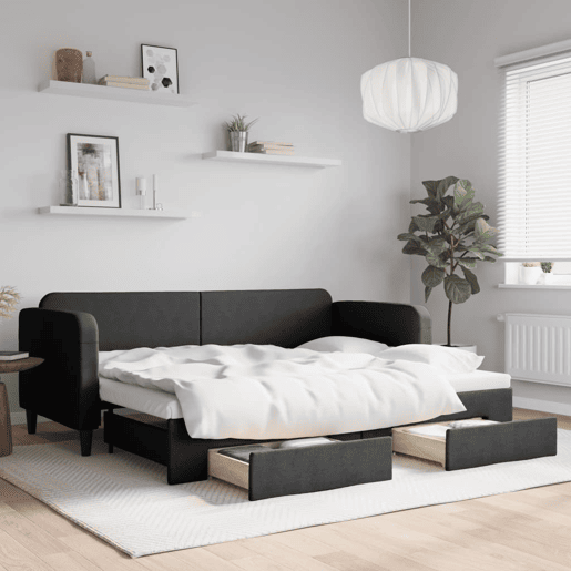 Sofá-cama, Sofá conversível com gavetão e gavetas 80x200 cm tecido preto Sofá-cama, Sofá conversível com gavetão e gavetas 80x200 cm tecido preto