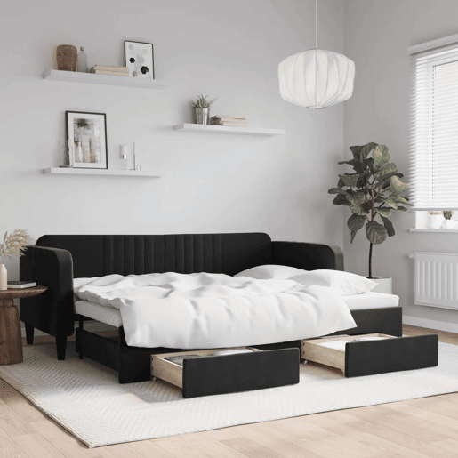 Sofá-cama, Sofá conversível com gavetão e gavetas 80x200 cm veludo preto Sofá-cama, Sofá conversível com gavetão e gavetas 80x200 cm veludo preto