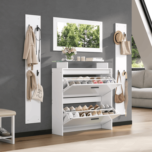 Móvel de entrada 89,5x23x96,5 cm - 4 peças com espelho, 2 prateleiras para chapéus, sapateira de alto brilho, 8 ganchos - Branco Móvel de entrada 89,5x23x96,5 cm - 4 peças com espelho, 2 prateleiras para chapéus, sapateira de alto brilho, 8 ganchos - Branco