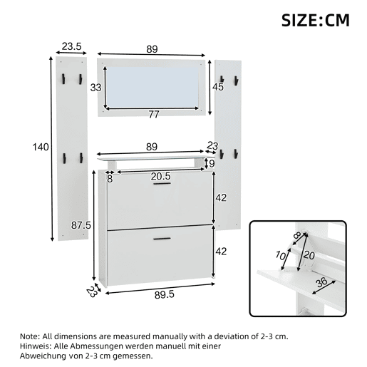 Móvel de entrada 89,5x23x96,5 cm - 4 peças com espelho, 2 prateleiras para chapéus, sapateira de alto brilho, 8 ganchos - Branco Móvel de entrada 89,5x23x96,5 cm - 4 peças com espelho, 2 prateleiras para chapéus, sapateira de alto brilho, 8 ganchos - Branco