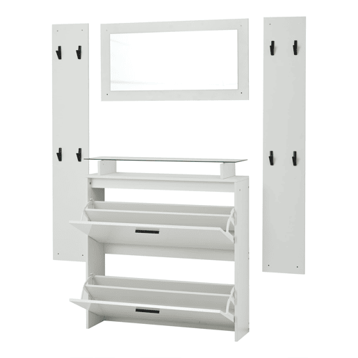 Móvel de entrada 89,5x23x96,5 cm - 4 peças com espelho, 2 prateleiras para chapéus, sapateira de alto brilho, 8 ganchos - Branco Móvel de entrada 89,5x23x96,5 cm - 4 peças com espelho, 2 prateleiras para chapéus, sapateira de alto brilho, 8 ganchos - Branco