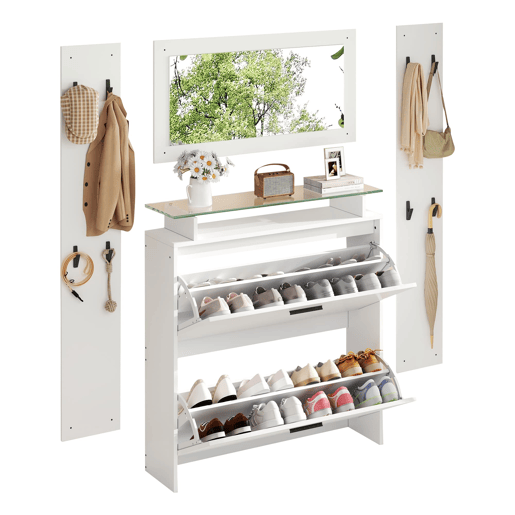 Móvel de entrada 89,5x23x96,5 cm - 4 peças com espelho, 2 prateleiras para chapéus, sapateira de alto brilho, 8 ganchos - Branco Móvel de entrada 89,5x23x96,5 cm - 4 peças com espelho, 2 prateleiras para chapéus, sapateira de alto brilho, 8 ganchos - Branco