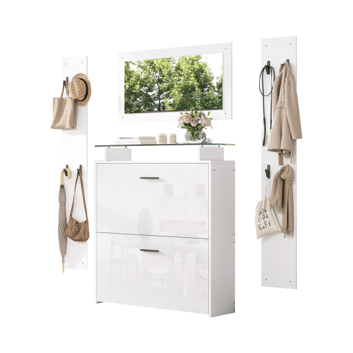Móvel de entrada 89,5x23x96,5 cm - 4 peças com espelho, 2 prateleiras para chapéus, sapateira de alto brilho, 8 ganchos - Branco Móvel de entrada 89,5x23x96,5 cm - 4 peças com espelho, 2 prateleiras para chapéus, sapateira de alto brilho, 8 ganchos - Branco