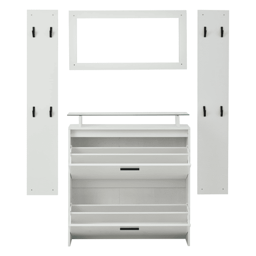 Móvel de entrada 89,5x23x96,5 cm - 4 peças com espelho, 2 prateleiras para chapéus, sapateira de alto brilho, 8 ganchos - Branco Móvel de entrada 89,5x23x96,5 cm - 4 peças com espelho, 2 prateleiras para chapéus, sapateira de alto brilho, 8 ganchos - Branco