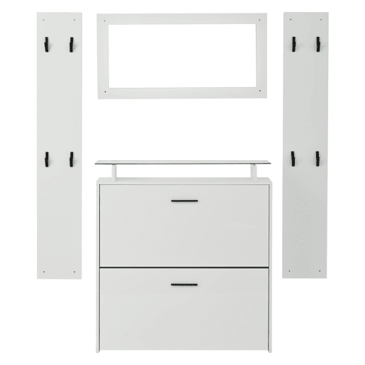 Móvel de entrada 89,5x23x96,5 cm - 4 peças com espelho, 2 prateleiras para chapéus, sapateira de alto brilho, 8 ganchos - Branco Móvel de entrada 89,5x23x96,5 cm - 4 peças com espelho, 2 prateleiras para chapéus, sapateira de alto brilho, 8 ganchos - Branco