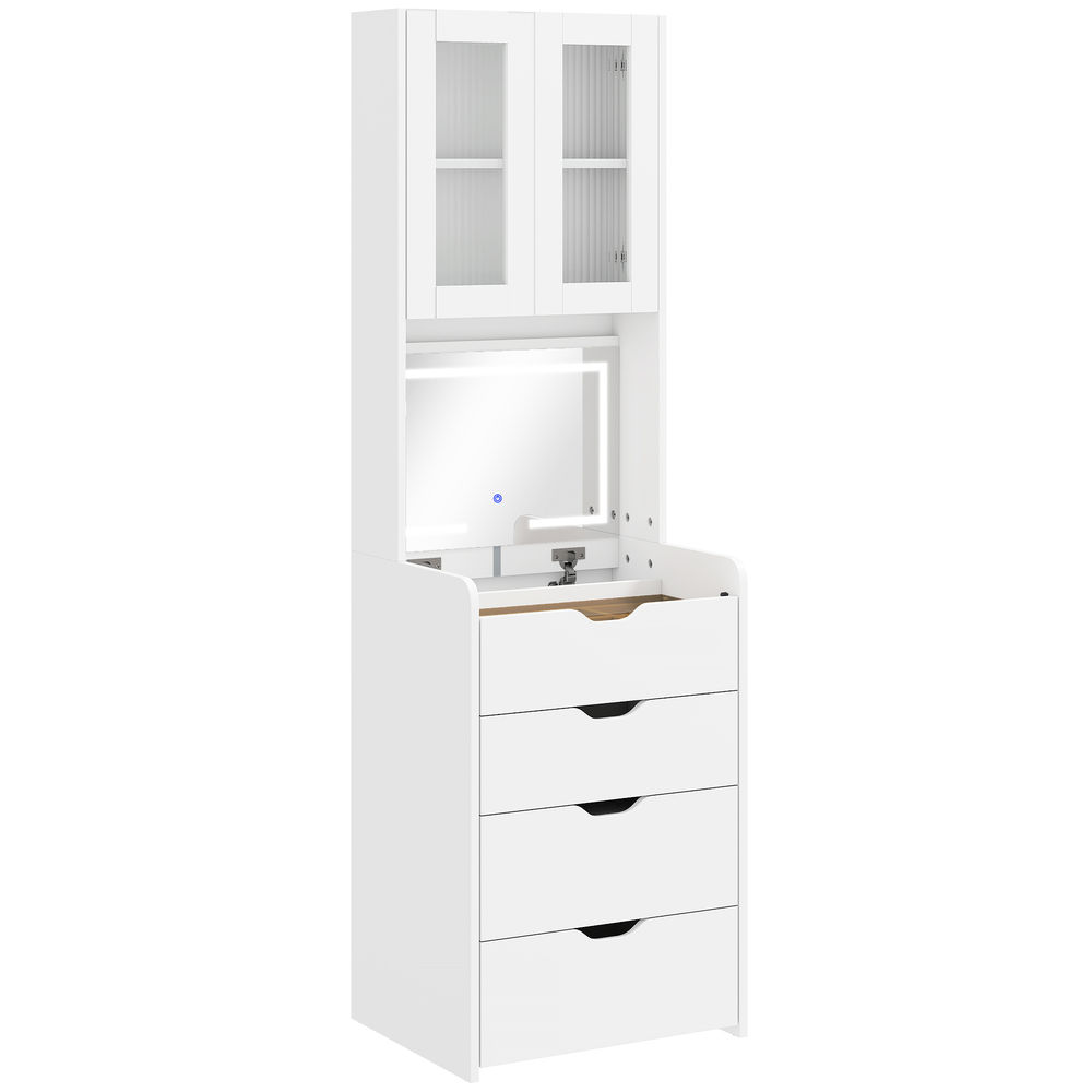 Homcom tocador de maquillaje con luces led de 3 colores, espejo abatible y taburete acolchado, mesa de maquillaje de vidrio visible con 3 cajones y estantes, para espacios reducidos, vestidor, blanco