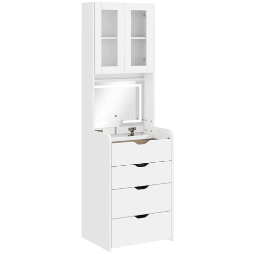 HOMCOM Toucador de Maquilhagem com Luzes LED de 3 Cores Espelho Rebatível e Banco Acolchoado Mesa de Maquilhagem de Vidro Visível com 3 Gavetas e Prateleiras para Espaços Reduzidos 50x40x160 cm Branco HOMCOM Toucador de Maquilhagem com Luzes LED de 3 Cores Espelho Rebatível e Banco Acolchoado Mesa de Maquilhagem de Vidro Visível com 3 Gavetas e Prateleiras para Espaços Reduzidos 50x40x160 cm Branco