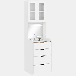 HOMCOM Toucador de Maquilhagem com Luzes LED de 3 Cores Espelho Rebatível e Banco Acolchoado Mesa de Maquilhagem de Vidro Visível com 3 Gavetas e Prateleiras para Espaços Reduzidos 50x40x160 cm Branco
