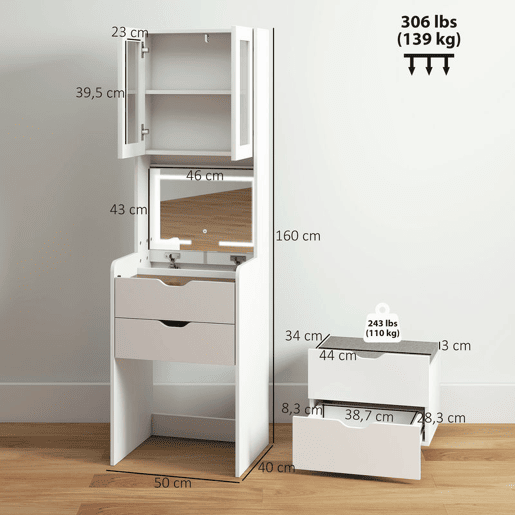 HOMCOM Toucador de Maquilhagem com Luzes LED de 3 Cores Espelho Rebatível e Banco Acolchoado Mesa de Maquilhagem de Vidro Visível com 3 Gavetas e Prateleiras para Espaços Reduzidos 50x40x160 cm Branco HOMCOM Toucador de Maquilhagem com Luzes LED de 3 Cores Espelho Rebatível e Banco Acolchoado Mesa de Maquilhagem de Vidro Visível com 3 Gavetas e Prateleiras para Espaços Reduzidos 50x40x160 cm Branco