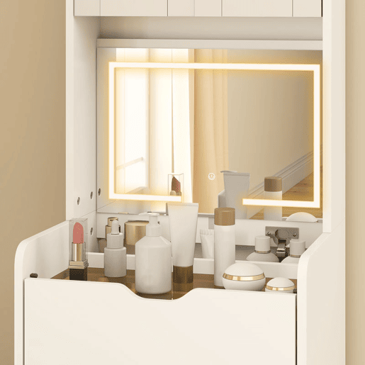 HOMCOM Toucador de Maquilhagem com Luzes LED de 3 Cores Espelho Rebatível e Banco Acolchoado Mesa de Maquilhagem de Vidro Visível com 3 Gavetas e Prateleiras para Espaços Reduzidos 50x40x160 cm Branco HOMCOM Toucador de Maquilhagem com Luzes LED de 3 Cores Espelho Rebatível e Banco Acolchoado Mesa de Maquilhagem de Vidro Visível com 3 Gavetas e Prateleiras para Espaços Reduzidos 50x40x160 cm Branco