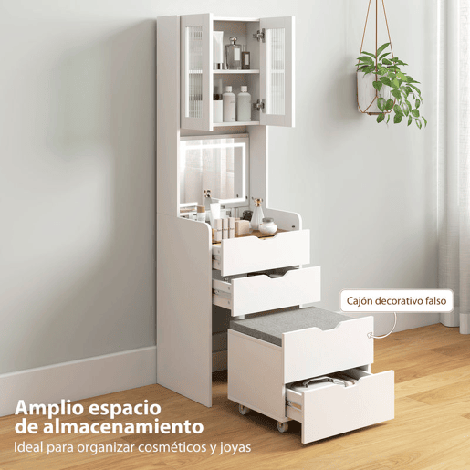 HOMCOM Toucador de Maquilhagem com Luzes LED de 3 Cores Espelho Rebatível e Banco Acolchoado Mesa de Maquilhagem de Vidro Visível com 3 Gavetas e Prateleiras para Espaços Reduzidos 50x40x160 cm Branco HOMCOM Toucador de Maquilhagem com Luzes LED de 3 Cores Espelho Rebatível e Banco Acolchoado Mesa de Maquilhagem de Vidro Visível com 3 Gavetas e Prateleiras para Espaços Reduzidos 50x40x160 cm Branco