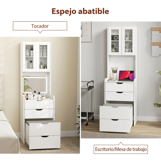 HOMCOM Toucador de Maquilhagem com Luzes LED de 3 Cores Espelho Rebatível e Banco Acolchoado Mesa de Maquilhagem de Vidro Visível com 3 Gavetas e Prateleiras para Espaços Reduzidos 50x40x160 cm Branco HOMCOM Toucador de Maquilhagem com Luzes LED de 3 Cores Espelho Rebatível e Banco Acolchoado Mesa de Maquilhagem de Vidro Visível com 3 Gavetas e Prateleiras para Espaços Reduzidos 50x40x160 cm Branco
